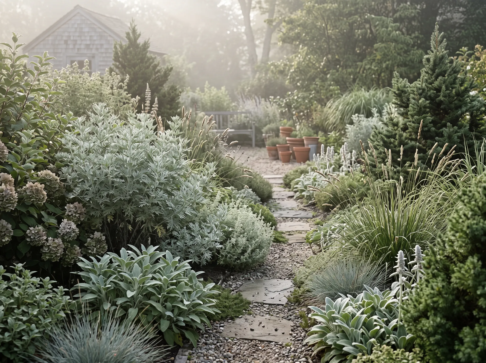 A planted garden path bordered by soft green foliage