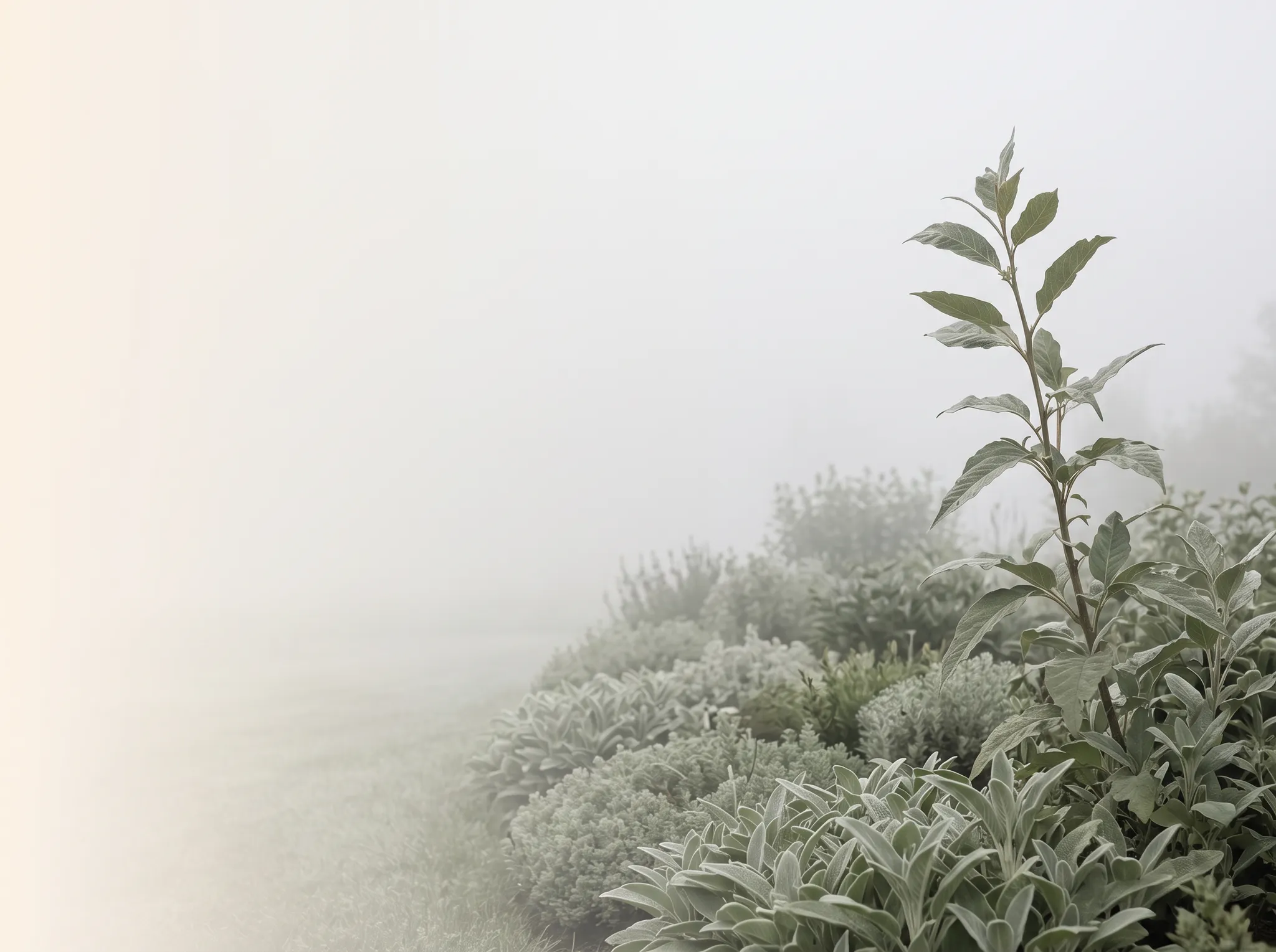 A quiet garden path through green planting in soft morning mist