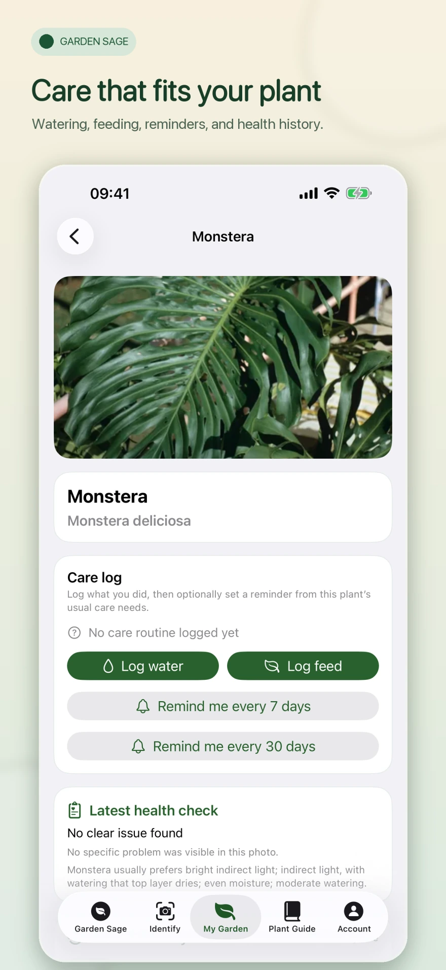 Garden Sage showing Monstera care logging, reminders and the latest health check