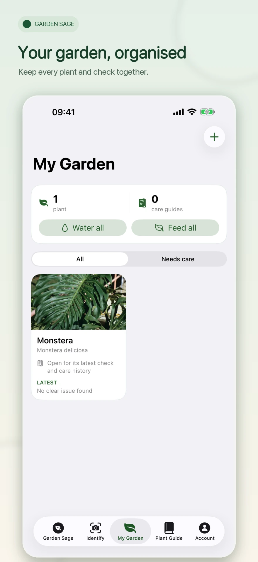Garden Sage showing a saved Monstera in the My Garden plant collection