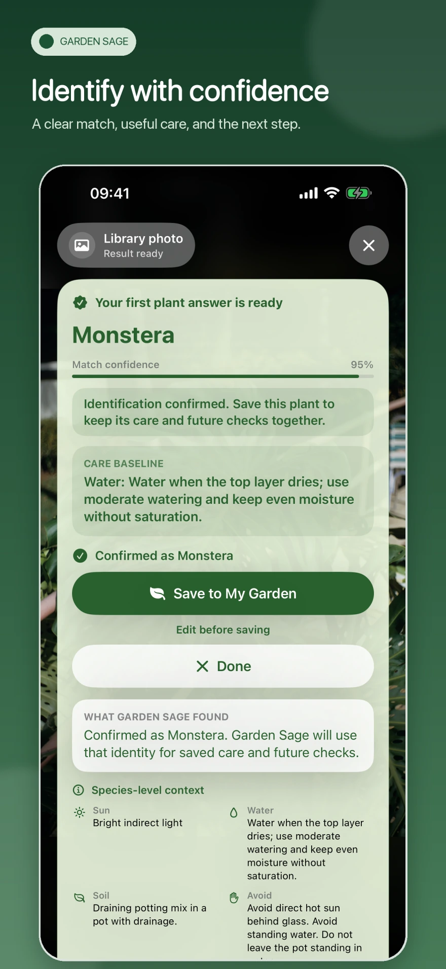 Garden Sage showing a confirmed Monstera result and care baseline