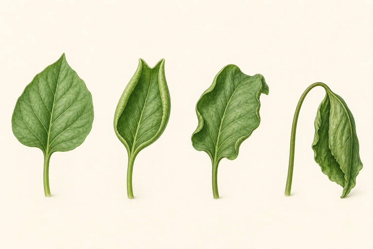 Illustrated comparison of a flat leaf, an upward-rolled leaf, a curled leaf and a limp wilted leaf