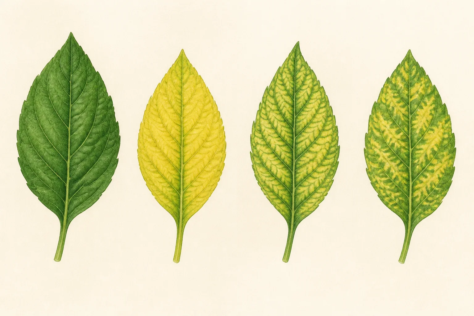 Illustration comparing yellowing patterns across different parts of a plant