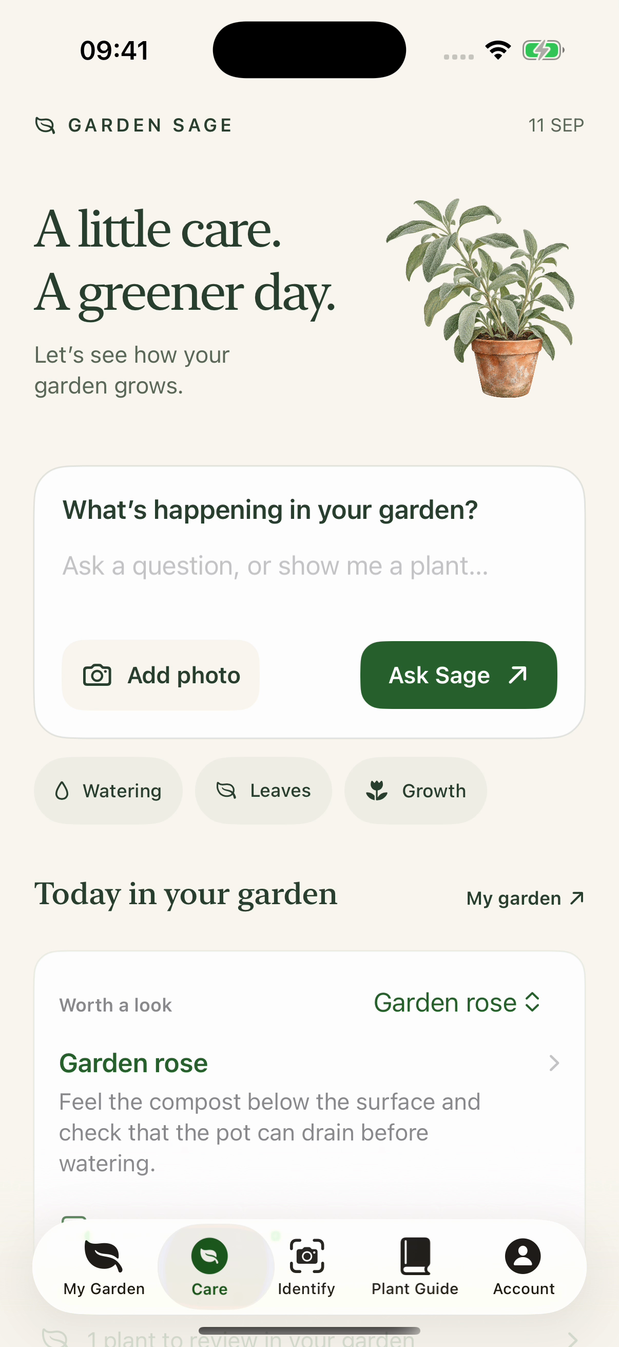Care screen with an example garden question and a plant worth checking