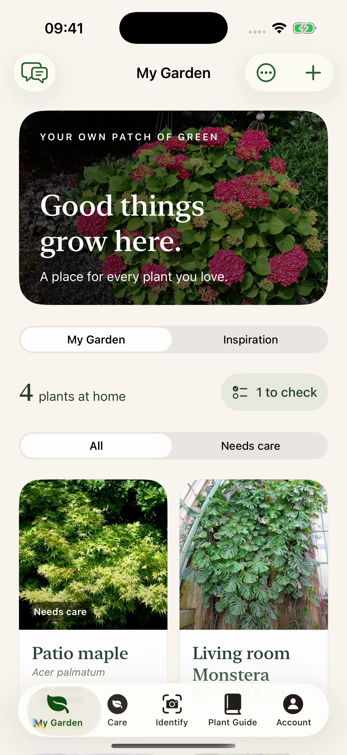 My Garden screen with example saved plant cards and a plant needing care